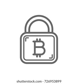 Bitcoin security sign on the lock - line icon. Cryptocurrency bitcoin trust and security concept. Linear vector icon isolated on white transparent background.