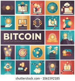Bitcoin - set of colorful flat design infographics elements. High quality metaphorical collection on cryptocurrency concept. Mining, cloud computing, money exchange, targeting, business growth