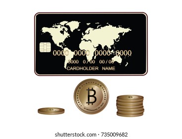 Bitcoin set and Credit card with world map - isolated - vector illustration