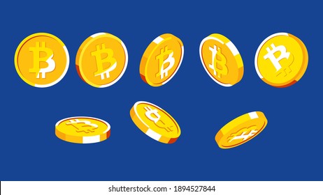 Bitcoin. Set of falling golden coins. Gold coins with bitcoin sign in various positions. Vector 3d money for design, poster, web. Blue background.