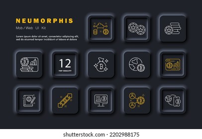 Icono de conjunto de bitcoin. Analítica, moneda, criptodivisa, bolsa de dinero, almacenamiento en la nube, sitio web, operaciones, blockchain, online. Concepto de gestión financiera. Estilo neomorfista. Icono de línea de vector para empresas