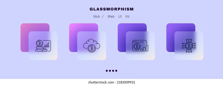 Bitcoin set icon. Blockchain, wallet, analytics, cloud storage, income, spending, network, statistics, cryptocurrency. Financial management concept. Glassmorphism style. Vector line icon for Business.