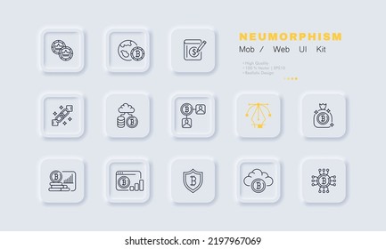 Bitcoin-Set-Symbol Kryptowallet Management, Kryptowährung, Buchhaltung, Blockchain, Datenbank, Cloud-Speicher, Geldbeutel, Handel, Austausch, Sicherheit. Geschäftskonzept. Neomorphismus-Stil. Vektorliniensymbol.
