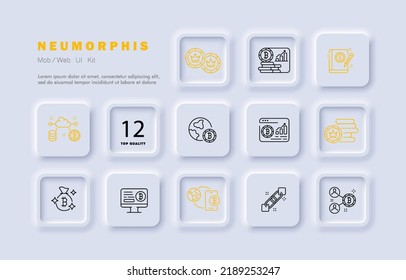Bitcoin set icon. Cryptocurrency, coin, website, crypto wallet, accounting, cloud storage settings, planet, money bag, blockchain, phone. Financial management concept. Neomorphism. Vector line icon.