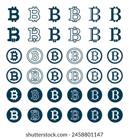 bitcoin set icon, logo and design in circle frame, outline and solid, vector eps 10.