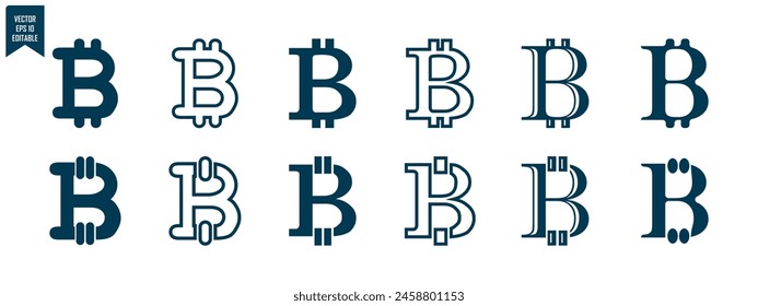 bitcoin set icon, logo and design in circle frame, outline and solid, vector eps 10.