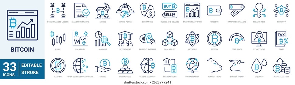 Bitcoin set of line web icons. Cryptocurrency economy. Blockchain package. NFT. Collection of Outline Icons. Vector illustration.