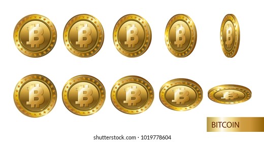 Bitcoin. Set of realistic 3d gold crypto coins. Flip Different Angles.
Cash money symbol. Finance Investment Concept of Money.  
Logo, icon,  isolated on white background. 
Modern flat style. Vector