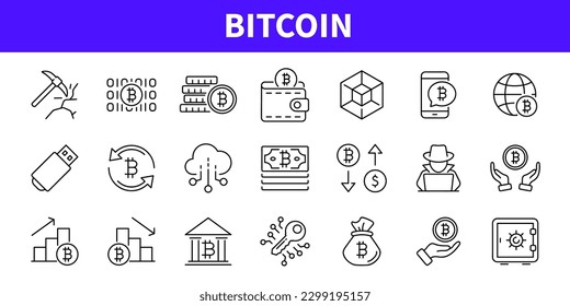 Bitcoin set of web icons in line style. Cryptocurrency icons for web and mobile app. Blockchain, crypto ICO, start up, crypto coins, mining, exchange, payment, blockchain. Vector illustration