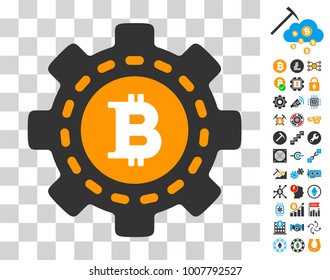Bitcoin Settings Gear pictograph with bonus bitcoin mining and blockchain pictures. Vector illustration style is flat iconic symbols. Designed for crypto currency software.