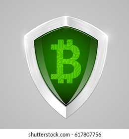 Bitcoin shield concept. Cryptography currency sign. Vector illustration.