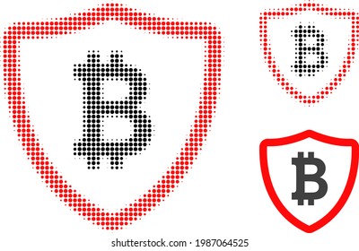 Bitcoin Schild halftone gepunktete Symbol. Halftone-Array enthält Kreiselemente. Vektorgrafik der Bitcoin-Schild Symbol auf weißem Hintergrund.