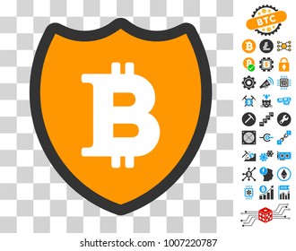 Bitcoin Shield icon with bonus bitcoin mining and blockchain pictograms. Vector illustration style is flat iconic symbols. Designed for crypto-currency software.