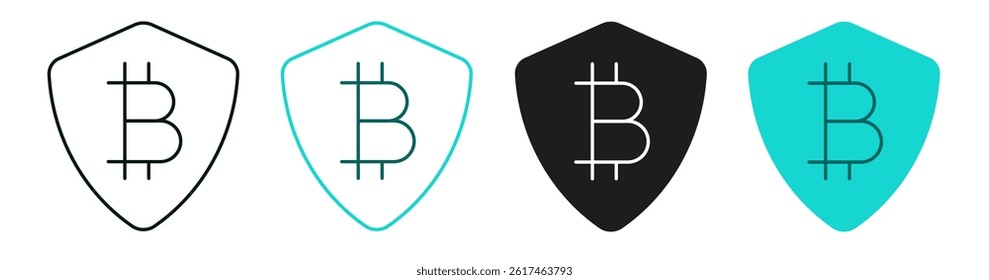 Bitcoin shield line icon set. Cryptocurrency, finance, technology, economy or digital money or concept. Solid color or black logo for web, ui or, mobile app. White background. Editable vector stroke. 