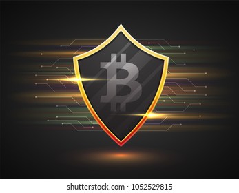 Bitcoin shield on colorful grey background.