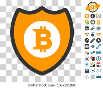 Bitcoin Shield pictograph with bonus bitcoin mining and blockchain graphic icons. Vector illustration style is flat iconic symbols. Designed for cryptocurrency software.