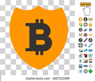 Bitcoin Shield pictograph with bonus bitcoin mining and blockchain clip art. Vector illustration style is flat iconic symbols. Designed for bitcoin ui toolbars.