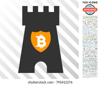 Bitcoin Shield Tower pictograph with 700 bonus bitcoin mining and blockchain graphic icons. Vector illustration style is flat iconic symbols design for crypto currency software.