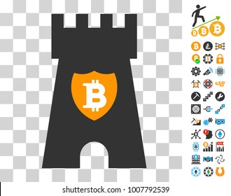 Bitcoin Shield Tower pictograph with bonus bitcoin mining and blockchain graphic icons. Vector illustration style is flat iconic symbols. Designed for blockchain software.