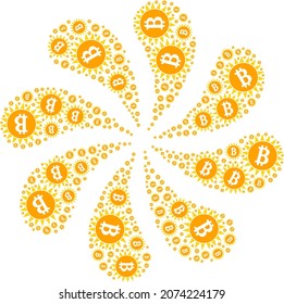 Bitcoin glänzende Icon Rotation Cluster Flower Feuerwerk Form. Rotation Whirlpool erstellt mit zufälligen bitcoin glänzenden Symbolen.