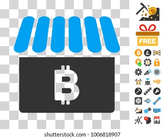 Bitcoin Shop icon with bonus bitcoin mining and blockchain symbols. Vector illustration style is flat iconic symbols. Designed for cryptocurrency apps.
