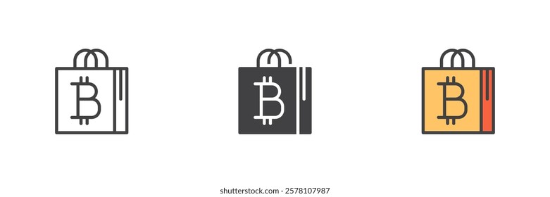 Bitcoin shopping bag different style icon set. Line, glyph and filled outline colorful version, outline and filled vector sign. Bitcoin accepted shop symbol, logo illustration. Vector graphics