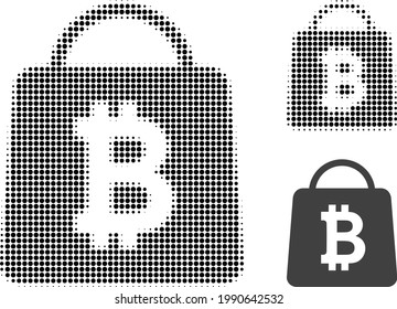 Bitcoin shopping bag halftone dotted icon. Halftone array contains circle dots. Vector illustration of bitcoin shopping bag icon on a white background.