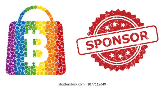 Bitcoin shopping bag mosaic icon of round dots in variable sizes and LGBT colored color tints, and Sponsor dirty rosette seal print. A dotted LGBT-colored Bitcoin shopping bag for lesbians, gays,