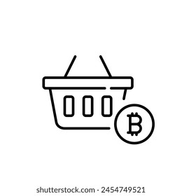 Bitcoin y cesta de la compra. Integración de la criptomoneda como método de pago para compras en línea. Icono Vector