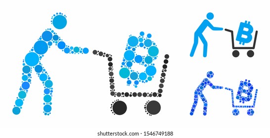 Bitcoin shopping cart composition of circle elements in various sizes and color tones, based on Bitcoin shopping cart icon. Vector round elements are composed into blue illustration.