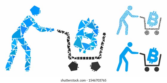 Bitcoin shopping cart mosaic of bumpy items in variable sizes and shades, based on Bitcoin shopping cart icon. Vector abrupt items are grouped into collage.