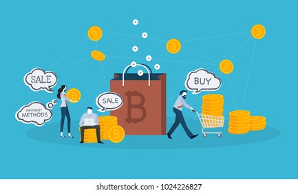 Compras de bitcoin. Banner web de diseño plano de tecnología de bloqueo, bitcoin, altcoins, minería de criptografía, finanzas, mercado monetario digital, billetera criptocoína, intercambio cripto. 