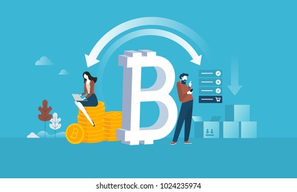 Bitcoin shopping. Flat design style web banner of blockchain technology, bitcoin, altcoins, cryptocurrency mining, finance, digital money market, cryptocoin wallet, crypto exchange. 
