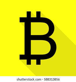 Bitcoin sign. Black icon with flat style shadow path on yellow background.