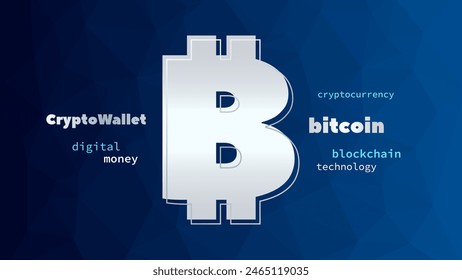 Signo de Bitcoin. Tecnología Blockchain, símbolo de criptomoneda. Icono de dinero virtual para negocios, finanzas, comercio global digital, pago, criptocartera, en todo el mundo, intercambio. Fondo de triángulo azul