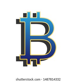 Bitcoin sign. Blue icon with gold contour with dark gray shadow at white background. Illustration.