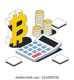 Bitcoin sign, calculator, coins. Vector 3d sketch line isometric style, color icon illustration. Creative design idea and infographics elements.