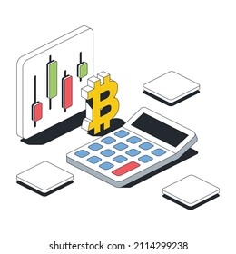 Bitcoin sign, calculator, japanese candlestick chart. Vector 3d sketch line isometric style, color icon illustration. Creative design idea and infographics elements.