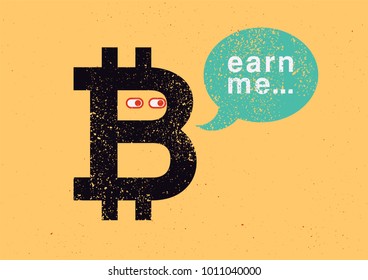 Bitcoin sign cartoon funny character vintage grunge poster. Retro vector illustration. 