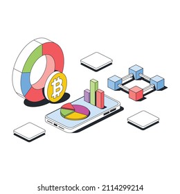 Bitcoin sign charts, smartphone screen, crypto. Vector 3d sketch line isometric style, color icon illustration. Creative design idea and infographics elements.