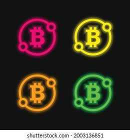 Bitcoin Sign In A Circle With Two Spots Connect Symbol four color glowing neon vector icon