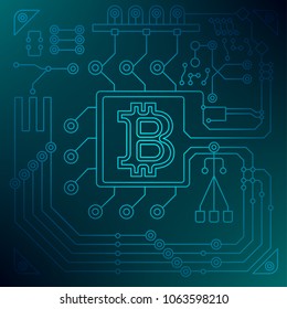 Bitcoin sign with computer chip. Color background. Farm for the production of crypto currency, mining. Virtual money. Flat vector cartoon illustration.
