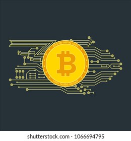 Bitcoin sign with computer chip. Color pattern. Farm for the production of crypto currency, mining. Virtual money. Flat vector cartoon illustration. Objects isolated on white background.