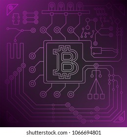 Bitcoin sign with computer chip. Color background. Farm for the production of crypto currency, mining. Virtual money. Flat vector cartoon illustration.