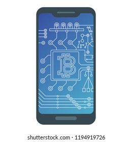 Bitcoin sign with computer chip on smartphone screen. Farm for the production of crypto currency, mining. Virtual money. Flat cartoon illustration.