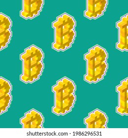 Bitcoin sign consisting of yellow blocks in isometric view on a green background. Seamless pattern. Vector illustration.