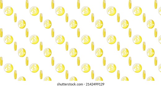 Bitcoin sign consisting of yellow blocks in isometric view on a green background. Seamless pattern. Vector illustration.