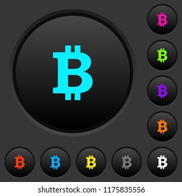 Bitcoin sign dark push buttons with vivid color icons on dark grey background