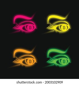 Bitcoin Sign In Eye Iris four color glowing neon vector icon