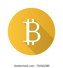 Bitcoin sign flat design long shadow glyph icon. Cryptocurrency. Vector silhouette illustration